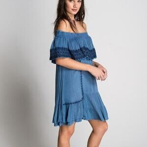 Muche & Muchette blue embroidered off shoulder dress OS